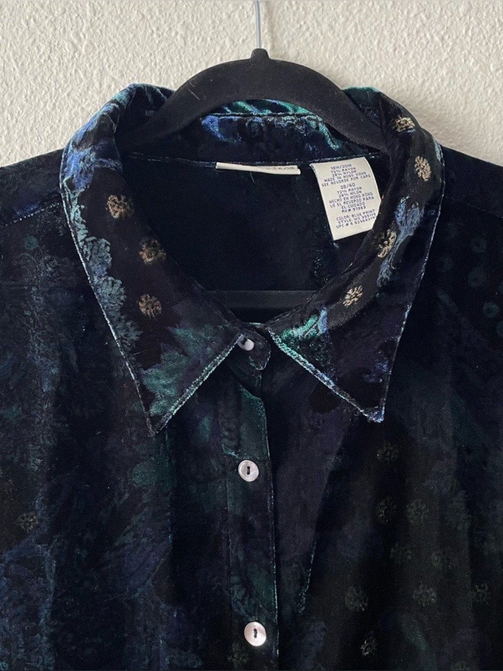 White Stag Black Velvet Button-Down Shirt with Subtle Teal Accents